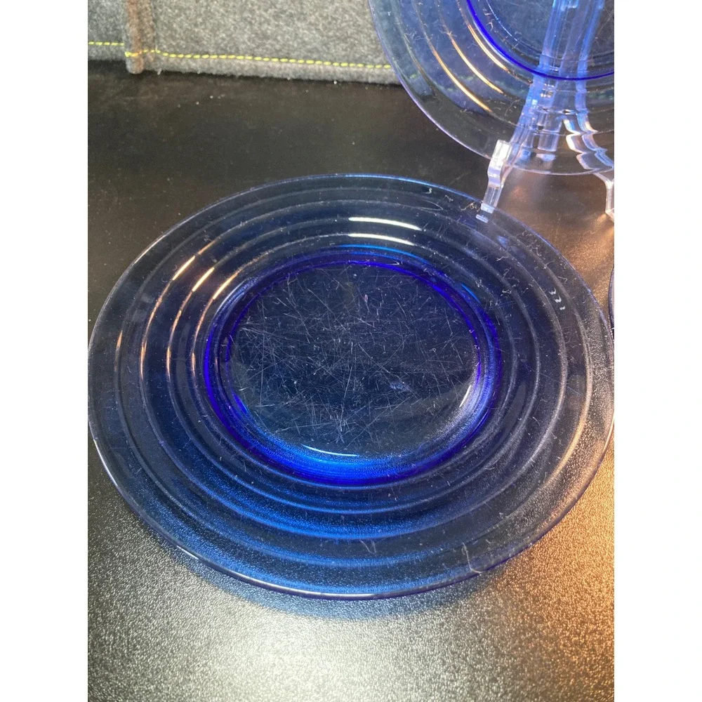 Vintage Cobalt Blue Glass Salad Plates Set of 3 Concentric Ring Art Deco 8